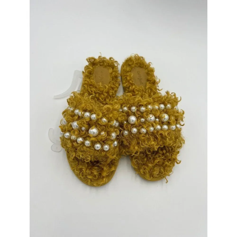 Cat Jack Toddler Girls‎ Fuzzy Slippers Pearls Mustard Yellow Size 4 NWT